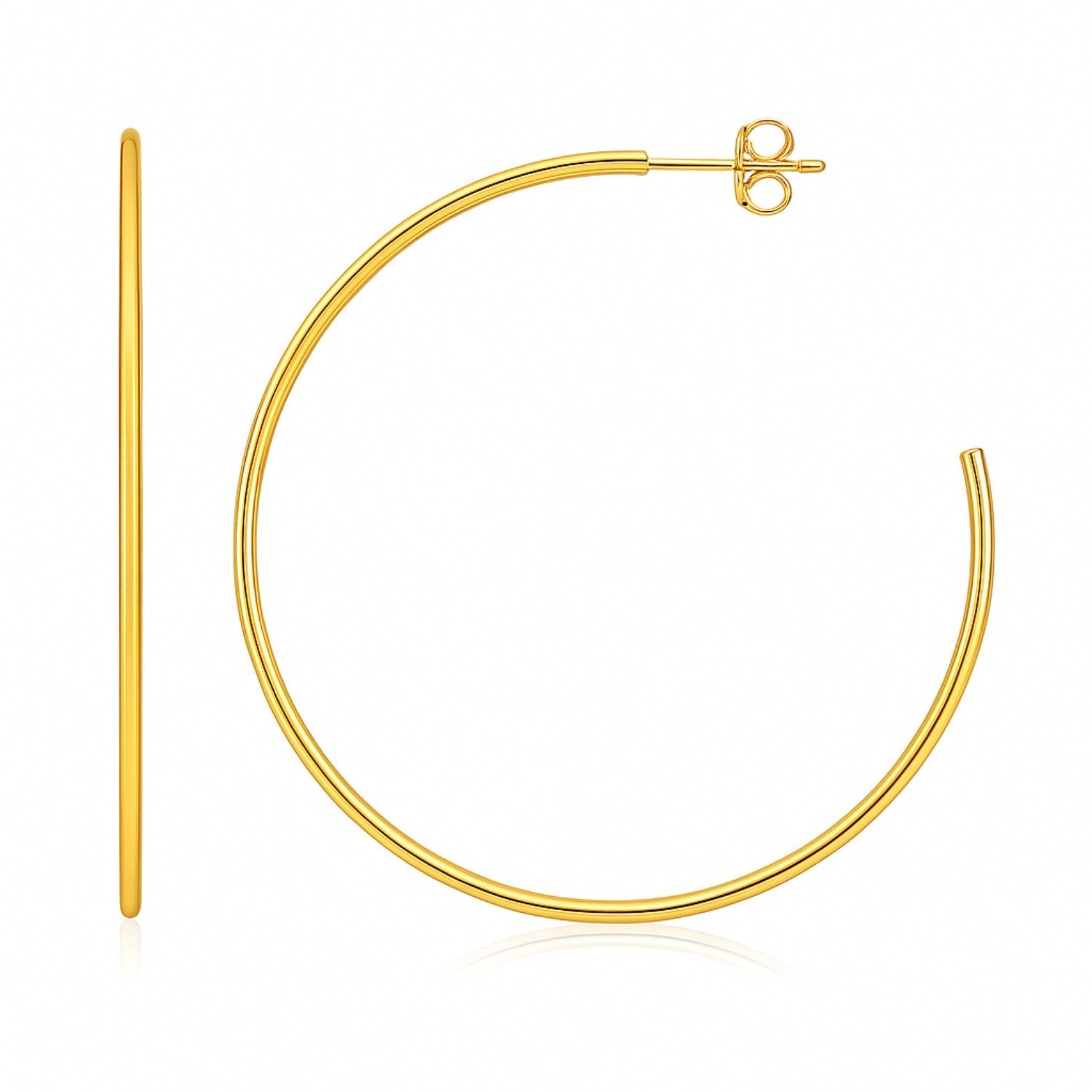 14k Yellow Gold Polished Hoop Earrings(1.5x50mm) in a sleek high-contrast midnight luxury editorial style